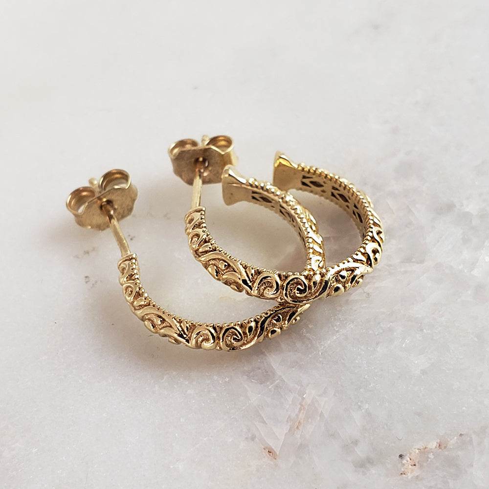 Petite Hoop Earrings with Swirl Filigree Design - TurkishBling