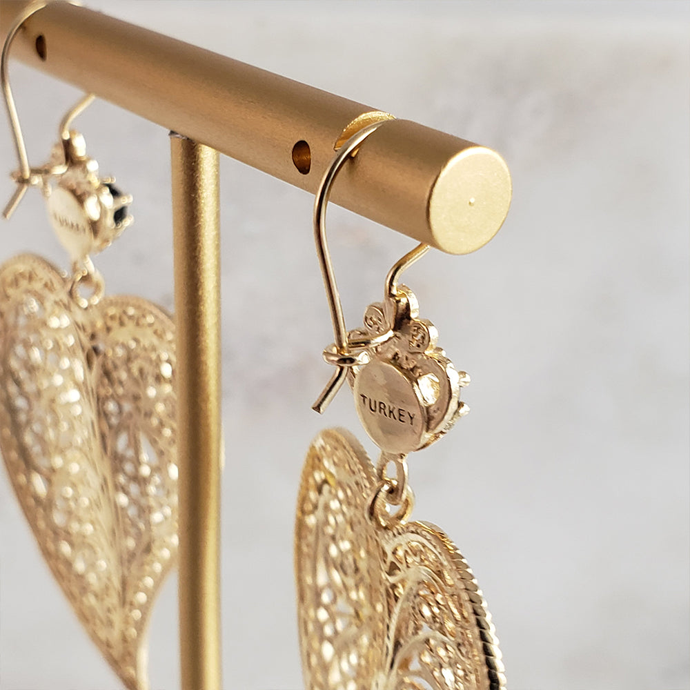 Gold Filigree Leaf Heart Earrings with Gemstones