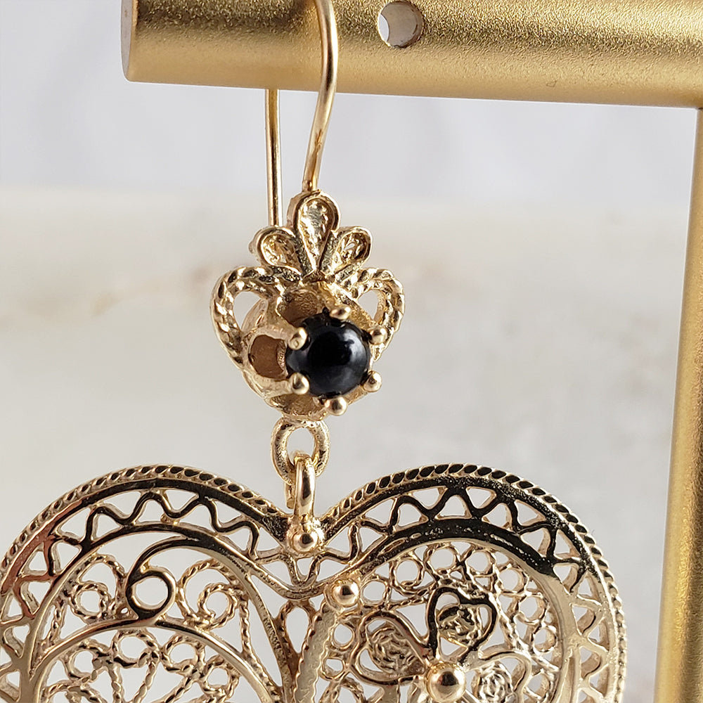 Gold Filigree Leaf Heart Earrings with Gemstones