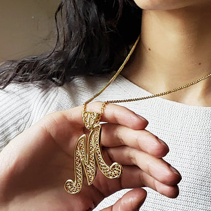 Filigree Bold Initial Pendant with Chain - TurkishBling