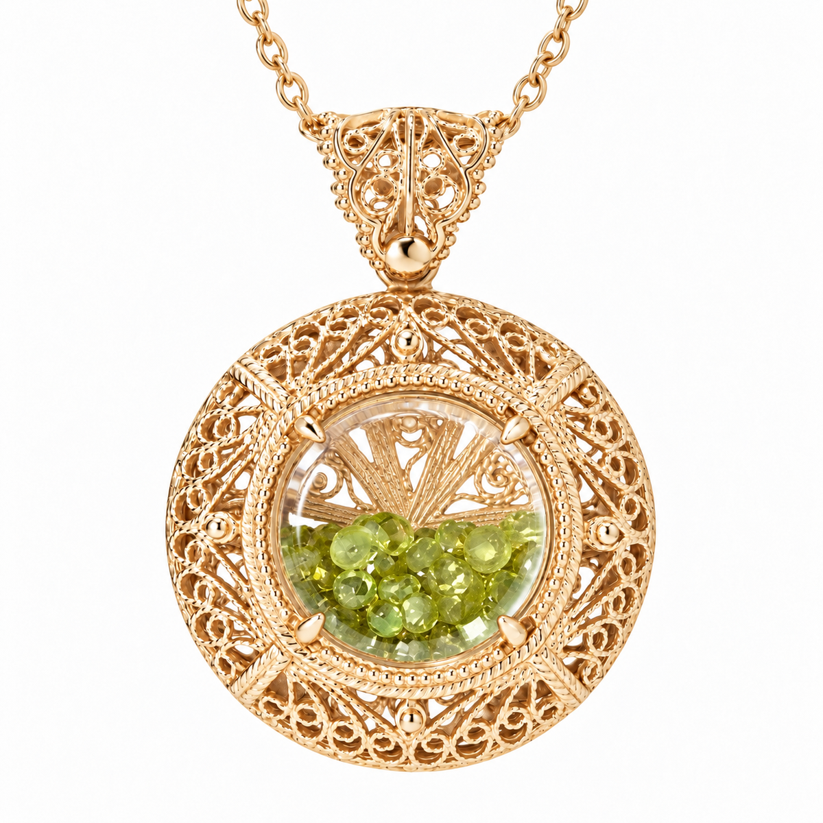 Filigree Locket Shaker Pendant with Floating Gemstones – 36 in. Love Link Chain