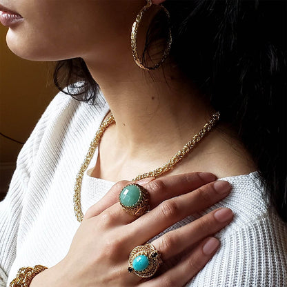 Filigree Genuine Amazonite and Amethyst Gemstone Ring - TurkishBling