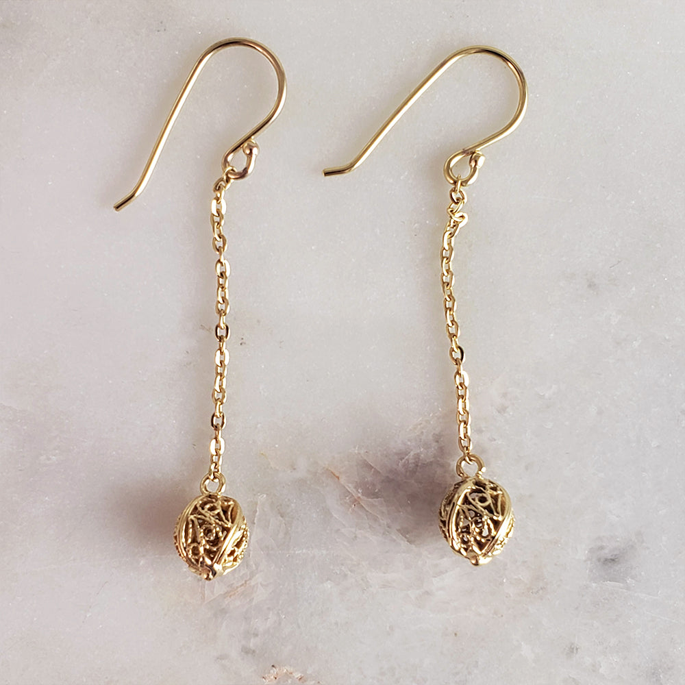 Aesthetic Long Chain Filigree Bead Drop Gold Earrings