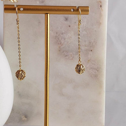 Filigree Drop Ball Long Threader Earrings - TurkishBling