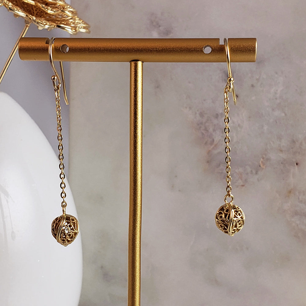 Aesthetic Long Chain Filigree Bead Drop Gold Earrings