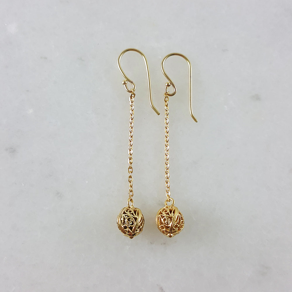 Aesthetic Long Chain Filigree Bead Drop Gold Earrings