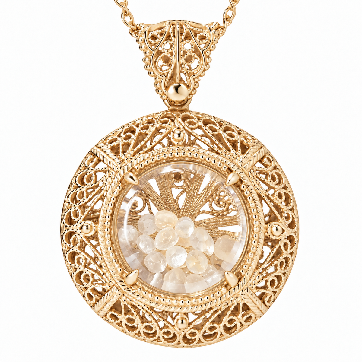 Filigree Locket Shaker Pendant with Floating Gemstones – 36 in. Love Link Chain