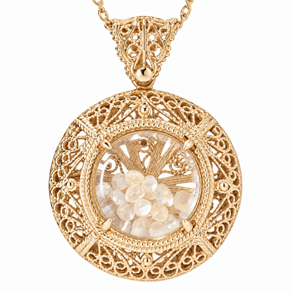 Filigree Locket Shaker Pendant with Floating Gemstones – 36 in. Love Link Chain