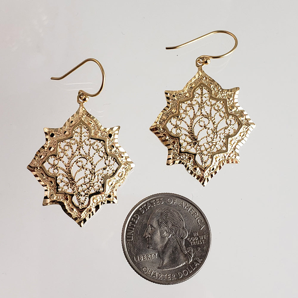 Filigree Geometric Oriental Design Gold Earrings