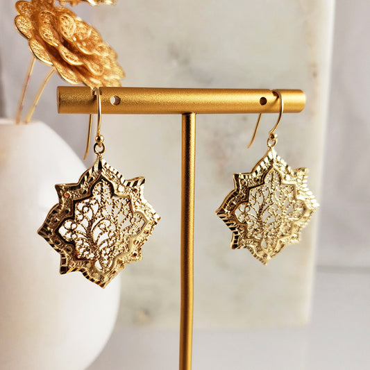 Filigree Geometric Oriental Design Gold Earrings