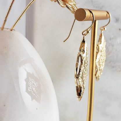 Filigree Geometric Oriental Design Gold Earrings - TurkishBling