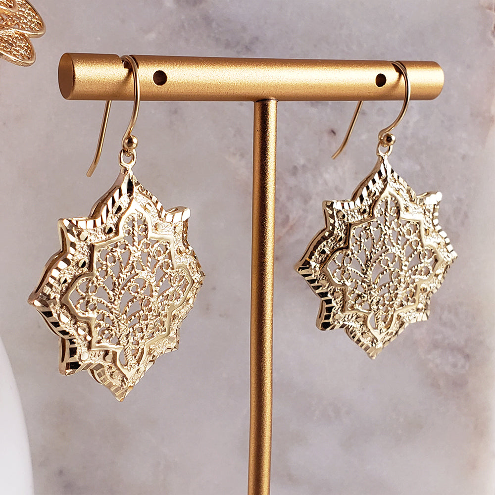 Filigree Geometric Oriental Design Gold Earrings