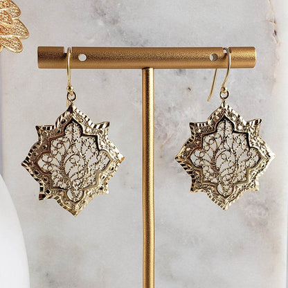 Filigree Geometric Oriental Design Gold Earrings - TurkishBling