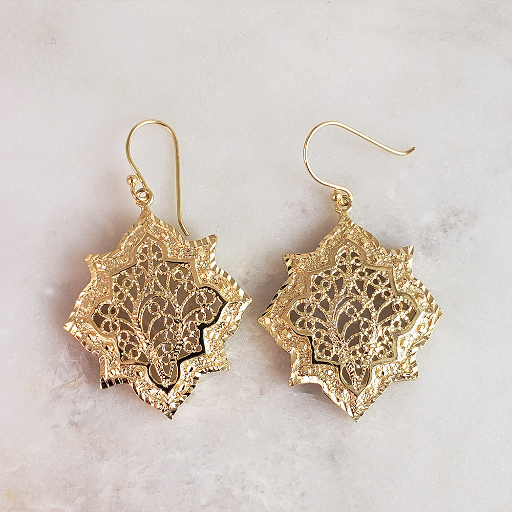 Filigree Geometric Oriental Design Gold Earrings