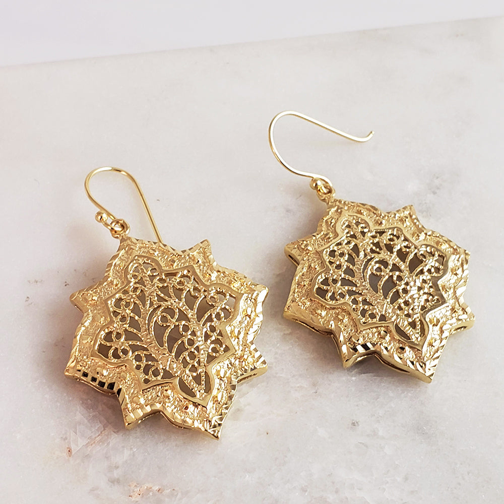 Filigree Geometric Oriental Design Gold Earrings