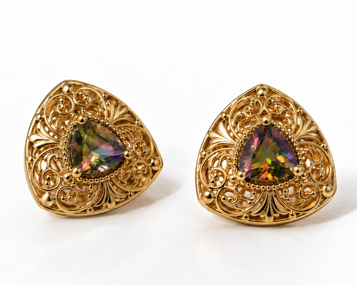 Trillion Morganite Stud Earrings with Scrollwork Filigree