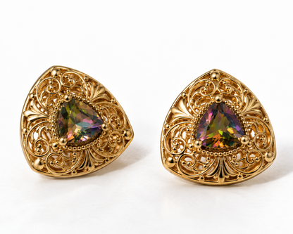 Trillion Morganite Stud Earrings with Scrollwork Filigree