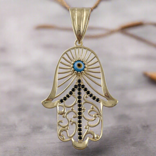 Gold Plated Evil Eye Black Spinel Hamsa Pendant