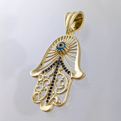 Hamsa Pendant with Black Spinel and Evil Eye – Gold over Sterling Silver, Enhancer Clasp - TurkishBling