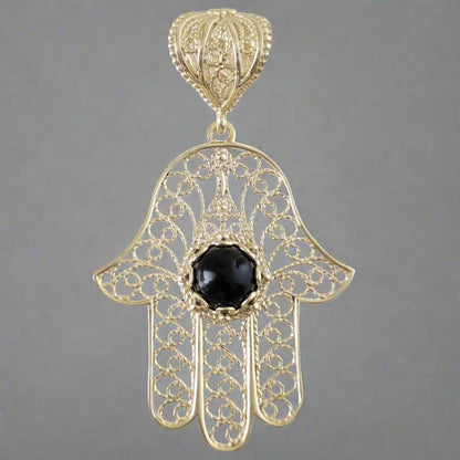 18K Gold Over Bronze Filigree Hamsa Gemstone Pendant with Black Onyx - TurkishBling