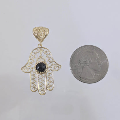 18K Gold Over Bronze Filigree Hamsa Gemstone Pendant with Black Onyx - TurkishBling