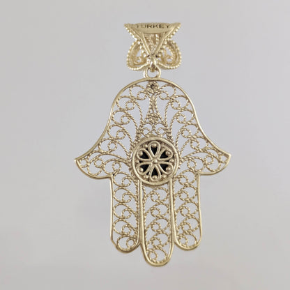 18K Gold Over Bronze Filigree Hamsa Gemstone Pendant with Black Onyx - TurkishBling