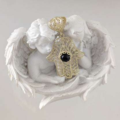 18K Gold Over Bronze Filigree Hamsa Gemstone Pendant with Black Onyx - TurkishBling