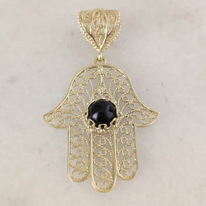 18K Gold Over Bronze Filigree Hamsa Gemstone Pendant with Black Onyx - TurkishBling