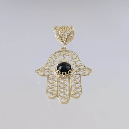18K Gold Over Bronze Filigree Hamsa Gemstone Pendant with Black Onyx - TurkishBling