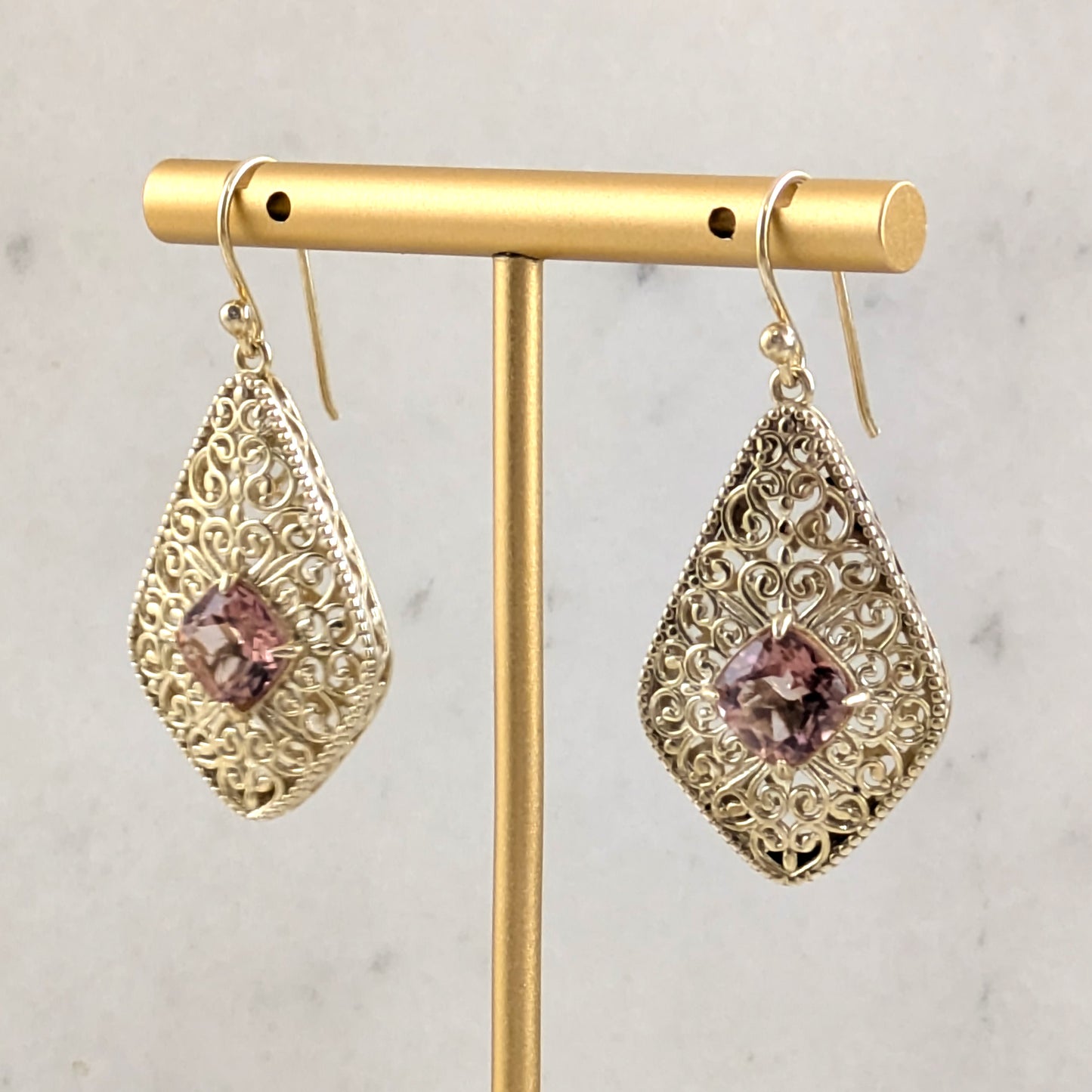 Filigree Drop Earrings with Morganite, Emerald, London Blue Topaz Color Quartz – Vintage-Inspired Jewelry