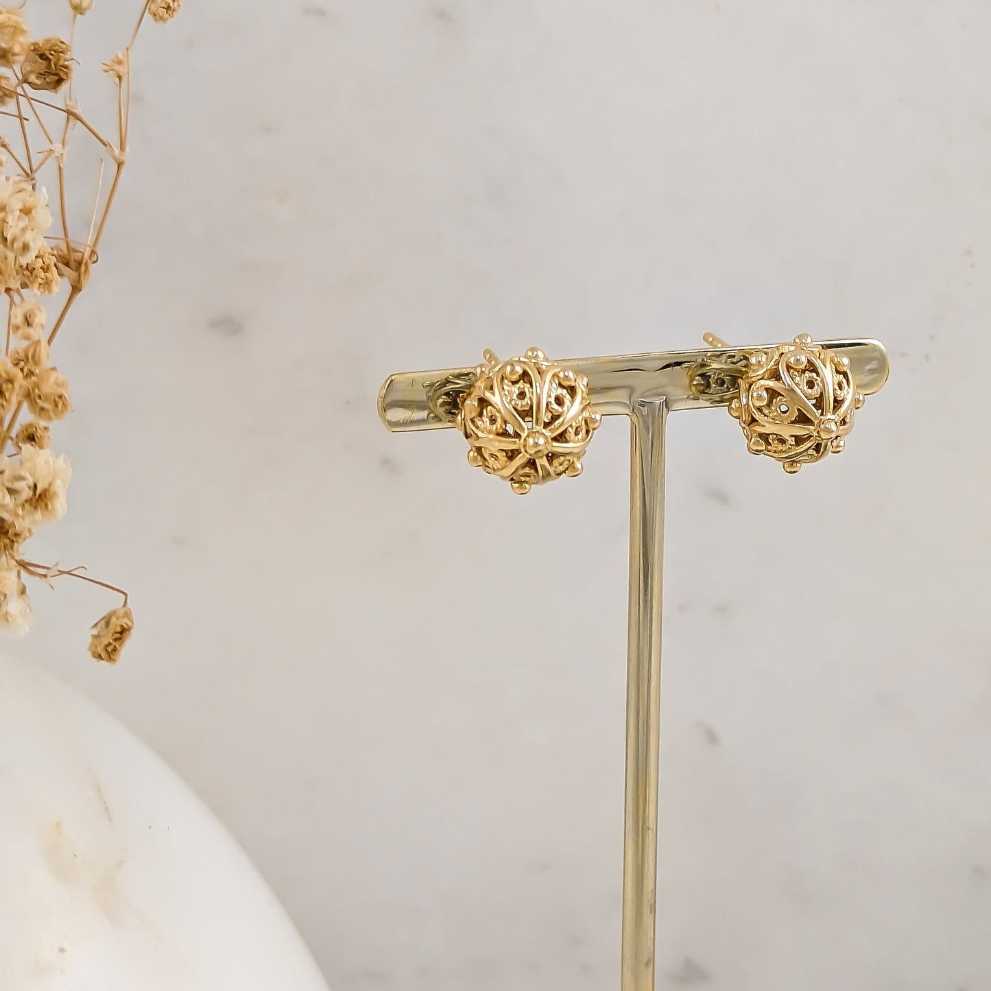 Ornate Sphere Stud Earrings with Floral Filigree Detail