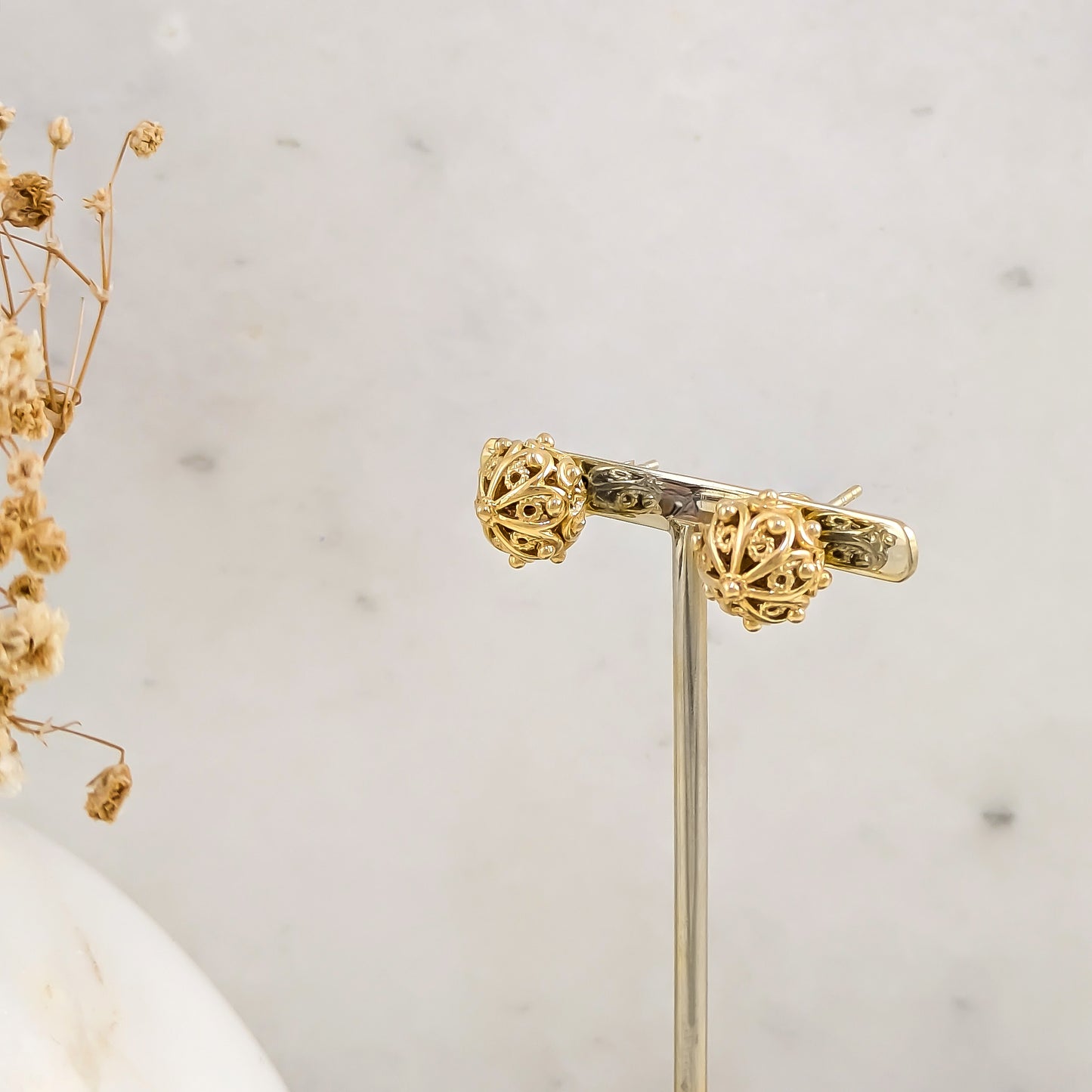 Ornate Sphere Stud Earrings with Floral Filigree Detail
