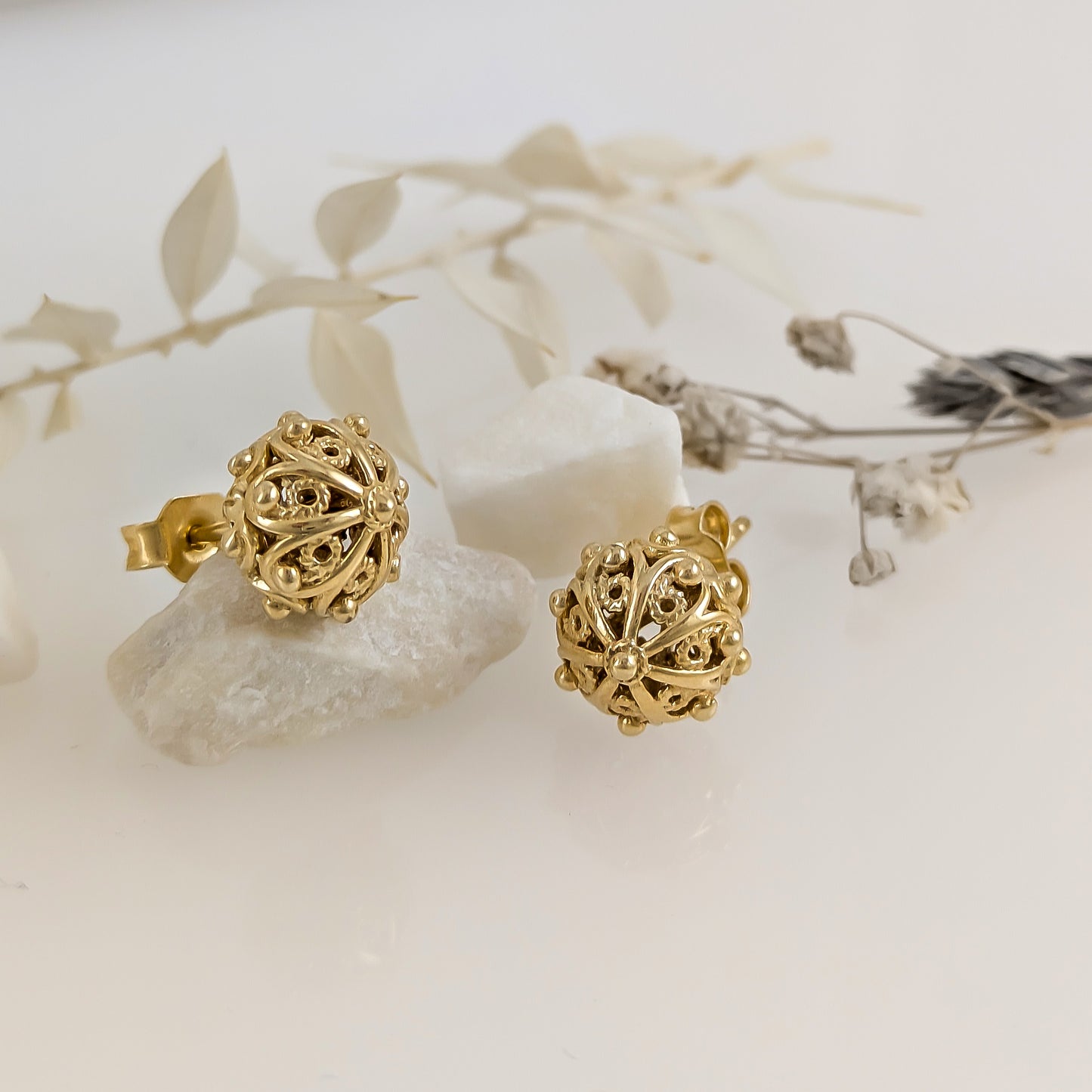 Ornate Sphere Stud Earrings with Floral Filigree Detail