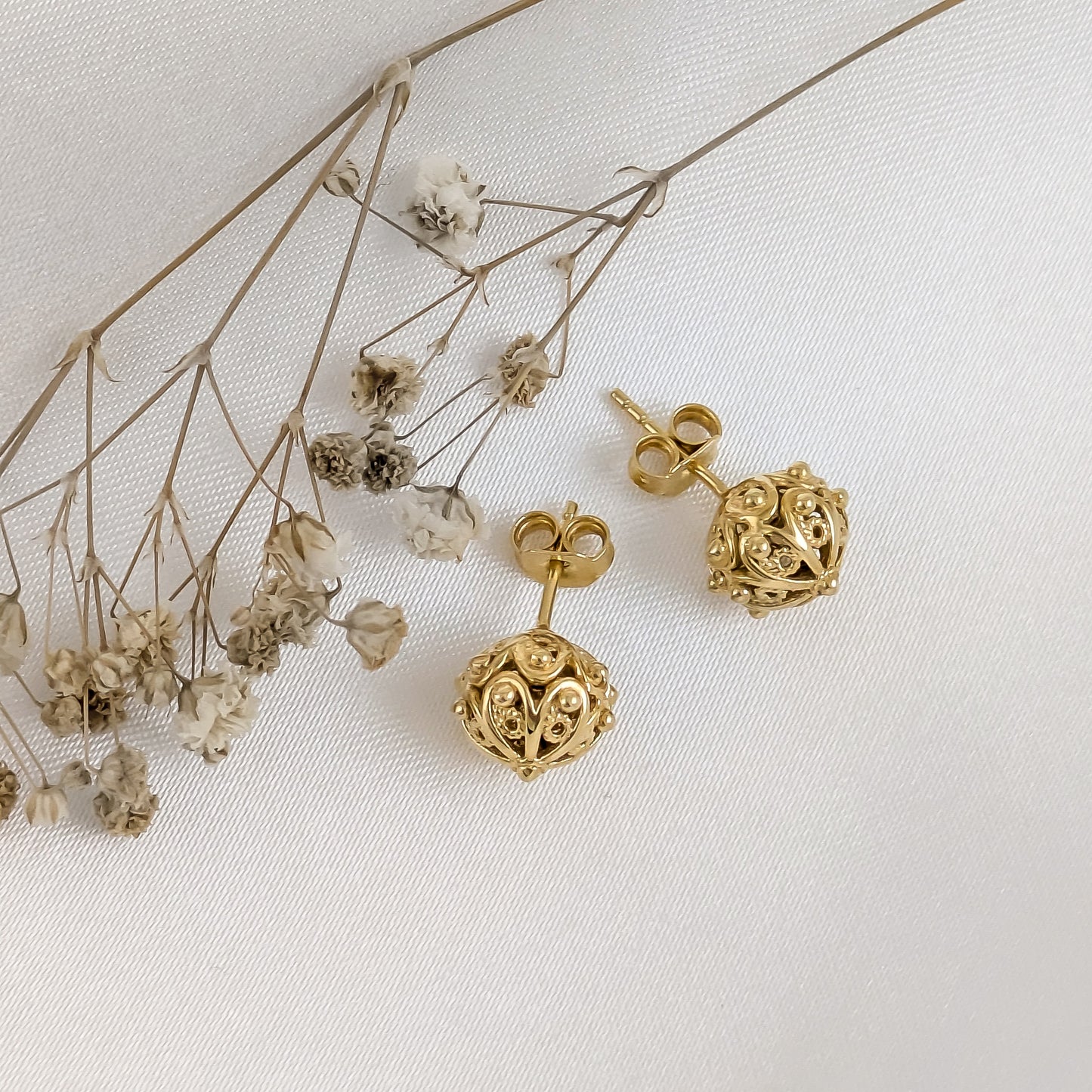 Ornate Sphere Stud Earrings with Floral Filigree Detail