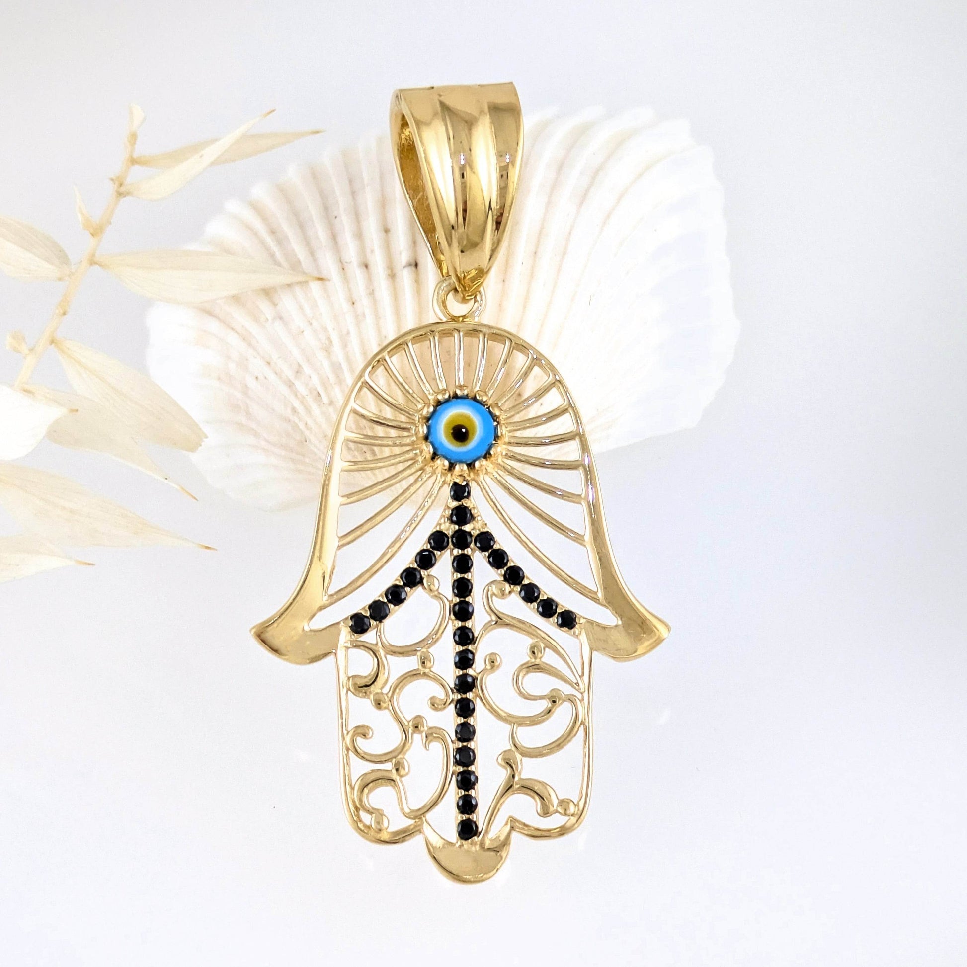 Hamsa Pendant with Black Spinel and Evil Eye – Gold over Sterling Silver, Enhancer Clasp - TurkishBling