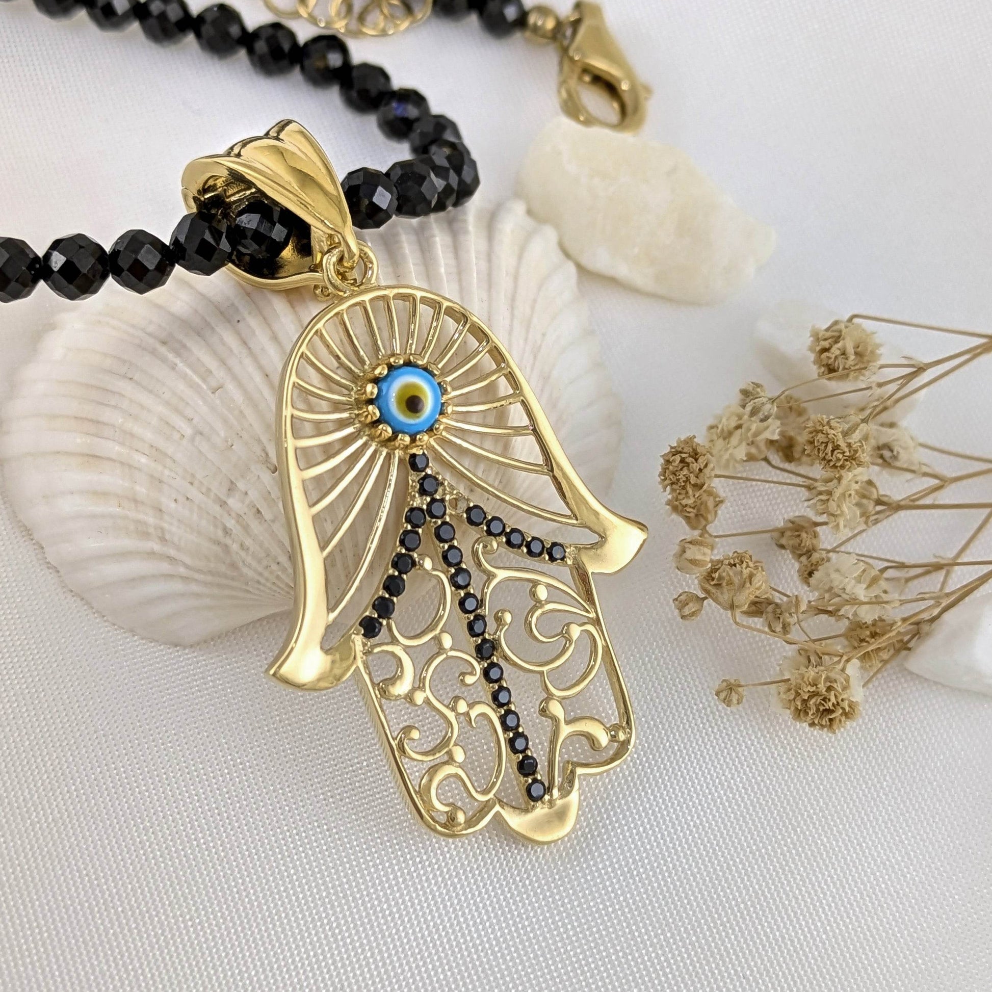 Hamsa Pendant with Black Spinel and Evil Eye – Gold over Sterling Silver, Enhancer Clasp - TurkishBling
