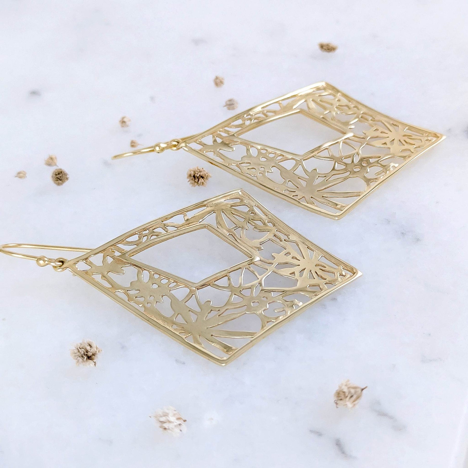Diamond-Shape Dangle Earrings with Floral Cutout Motif - TurkishBling