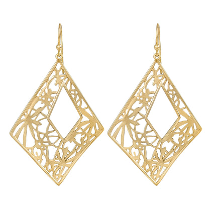 Diamond-Shape Dangle Earrings with Floral Cutout Motif - TurkishBling