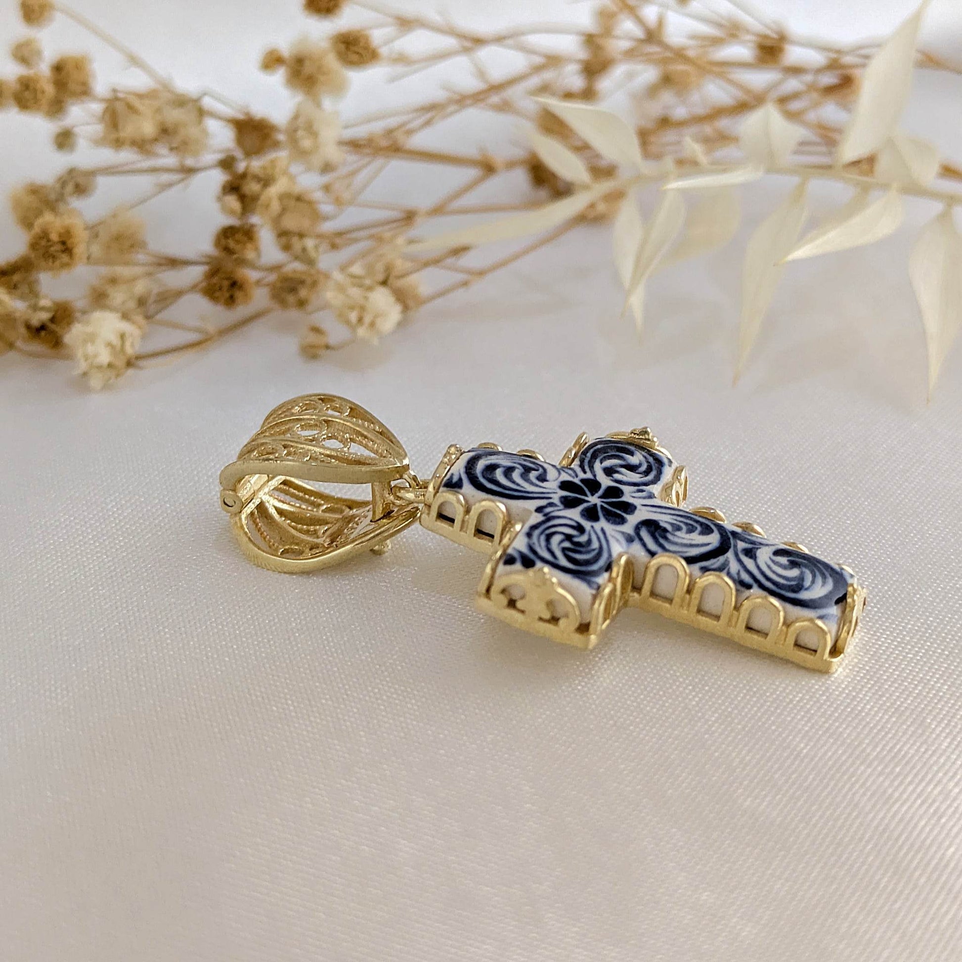 Blue Ceramic Cross Pendant – Filigree Bail, Elegant Religious Jewelry Gold over Sterling Silver - TurkishBling