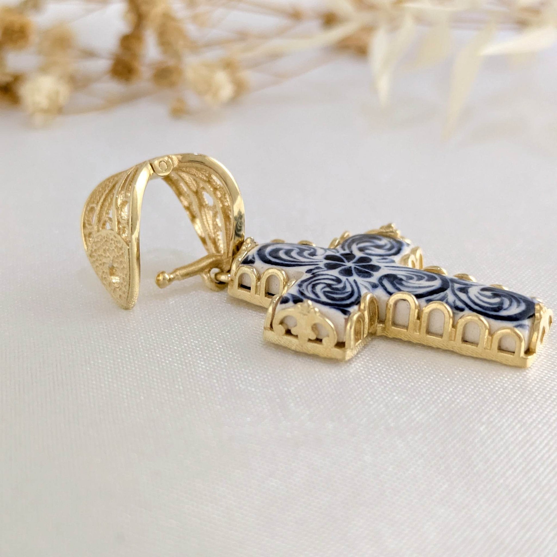 Blue Ceramic Cross Pendant – Filigree Bail, Elegant Religious Jewelry Gold over Sterling Silver - TurkishBling