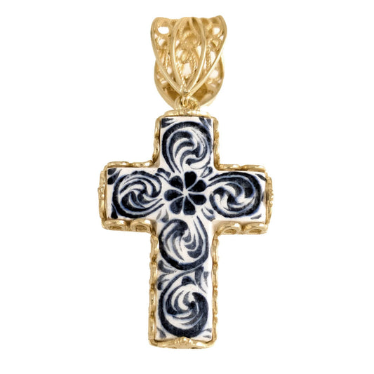 Blue Ceramic Cross Pendant – Filigree Bail, Elegant Religious Jewelry Gold over Sterling Silver - TurkishBling
