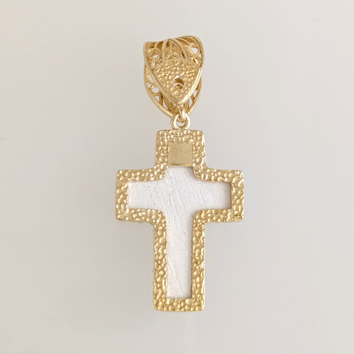 Blue Ceramic Cross Pendant – Filigree Bail, Elegant Religious Jewelry Gold over Sterling Silver - TurkishBling