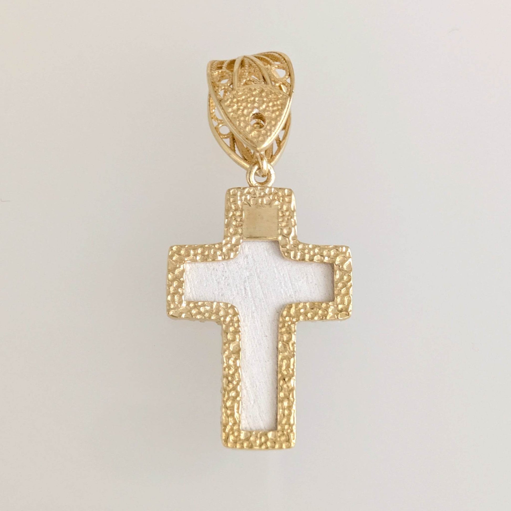 Blue Ceramic Cross Pendant – Filigree Bail, Elegant Religious Jewelry Gold over Sterling Silver - TurkishBling