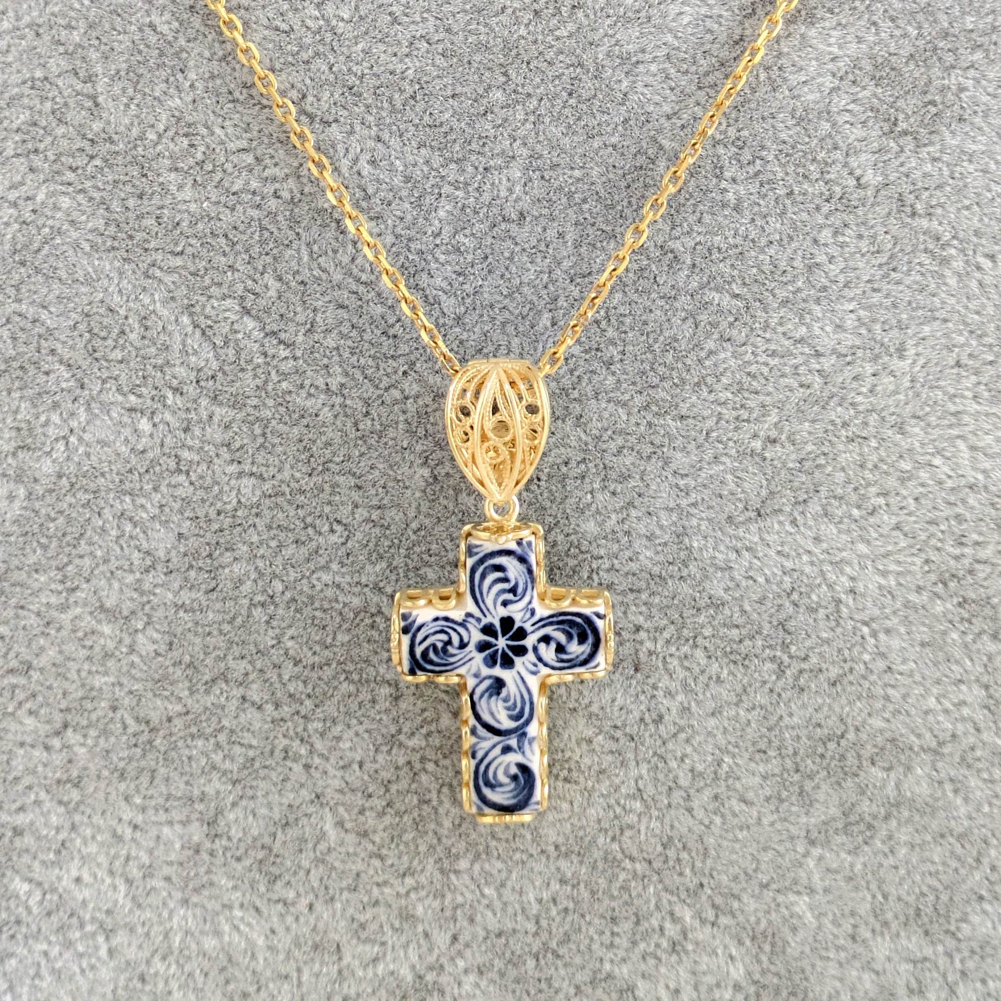 Blue Ceramic Cross Pendant – Filigree Bail, Elegant Religious Jewelry Gold over Sterling Silver - TurkishBling