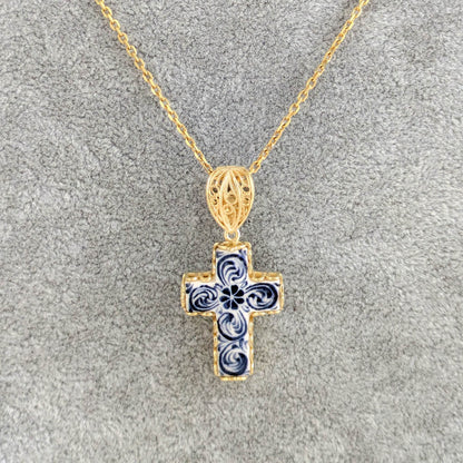 Blue Ceramic Cross Pendant – Filigree Bail, Elegant Religious Jewelry Gold over Sterling Silver - TurkishBling