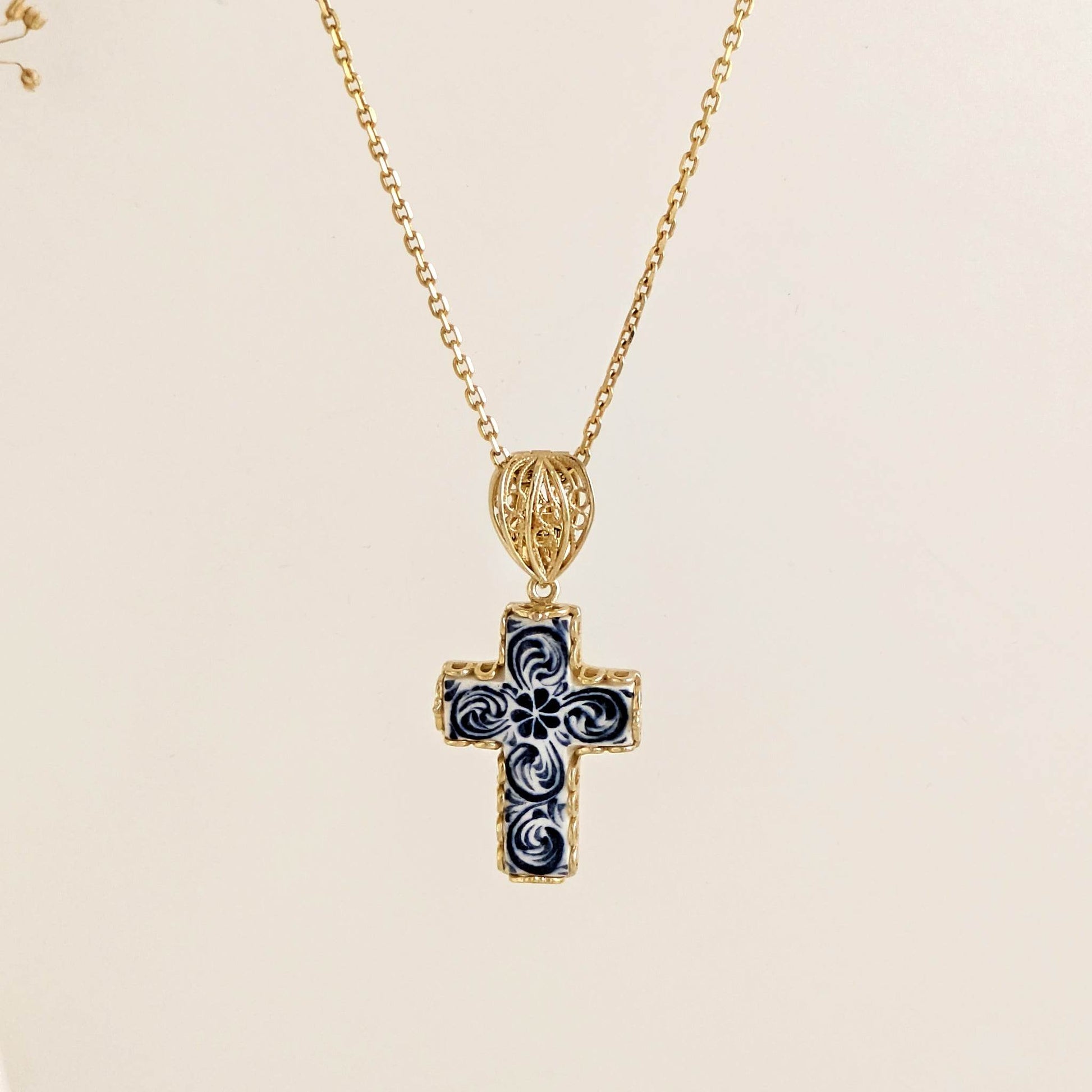 Blue Ceramic Cross Pendant – Filigree Bail, Elegant Religious Jewelry Gold over Sterling Silver - TurkishBling