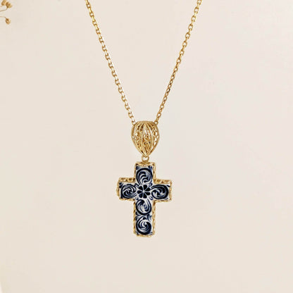 Blue Ceramic Cross Pendant – Filigree Bail, Elegant Religious Jewelry Gold over Sterling Silver - TurkishBling