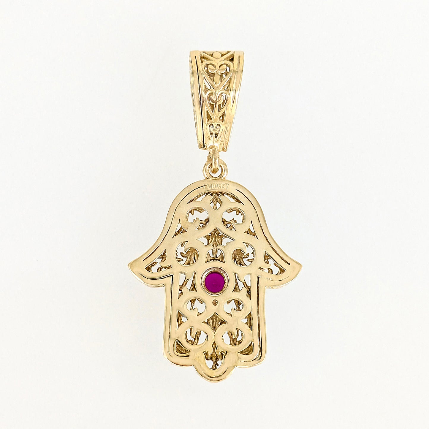 Filigree Hamsa Pendant with Ruby or Black Crystal