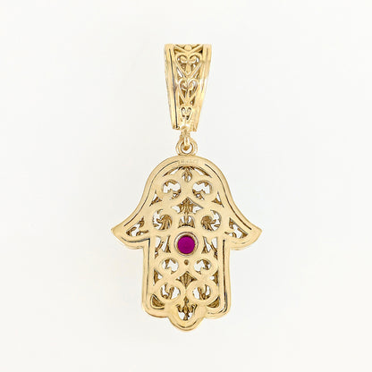 Filigree Hamsa Pendant with Ruby or Black Crystal