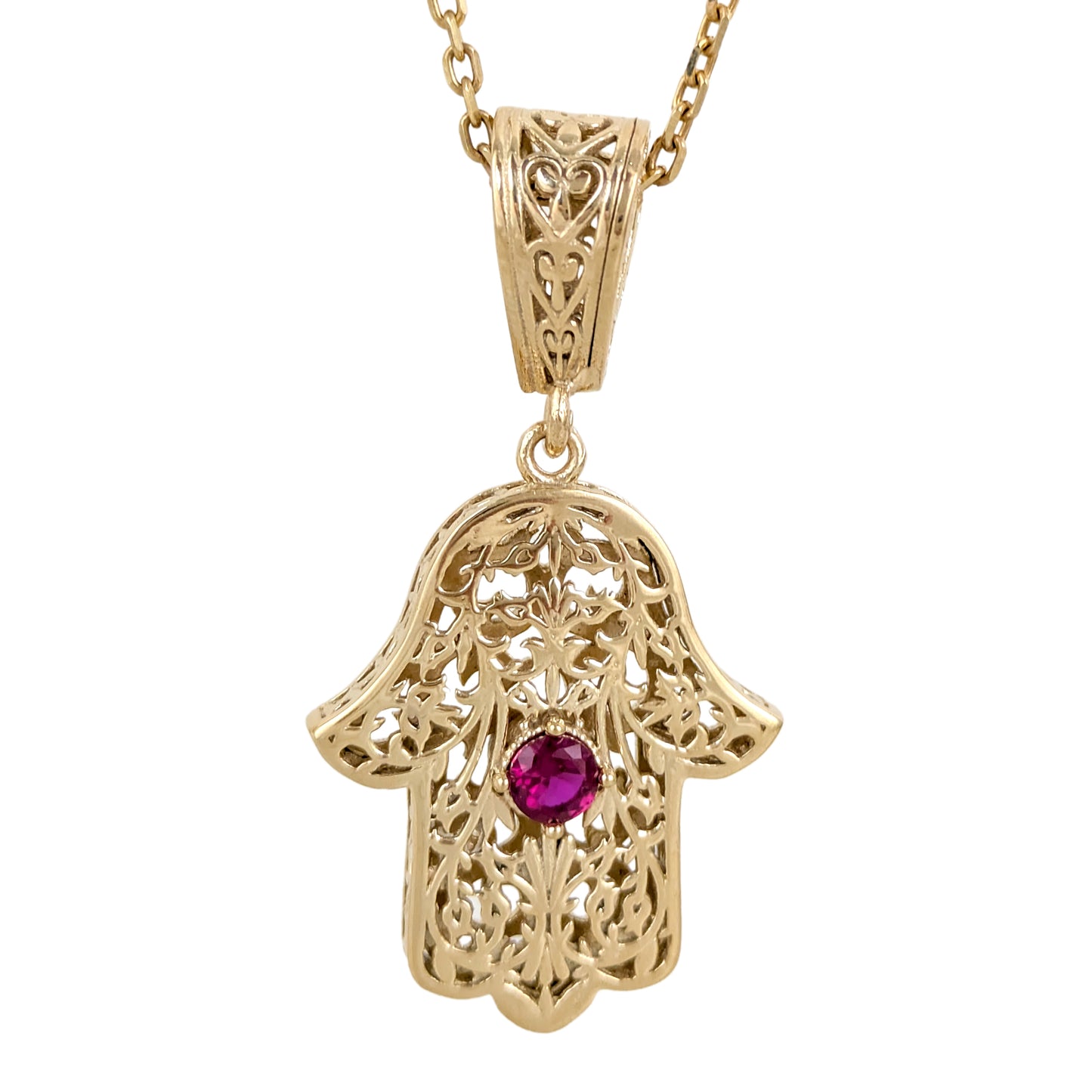 Filigree Hamsa Pendant with Ruby or Black Crystal